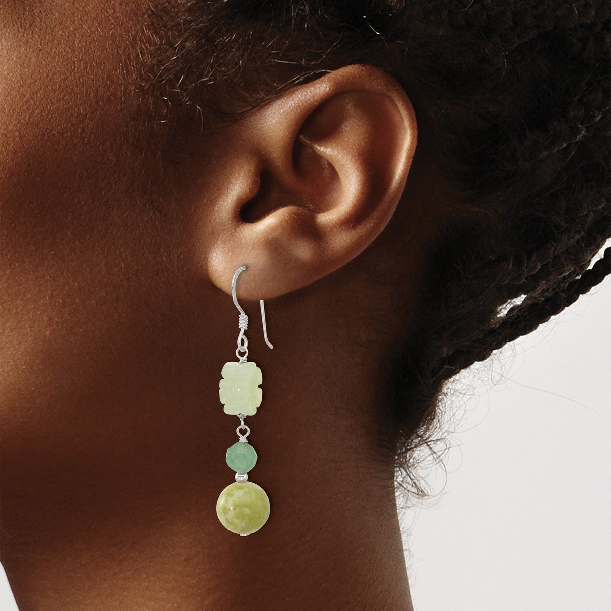 Sterling Silver Dangle Earrings with Carved Green Jade Flowers and Chinese Symbols