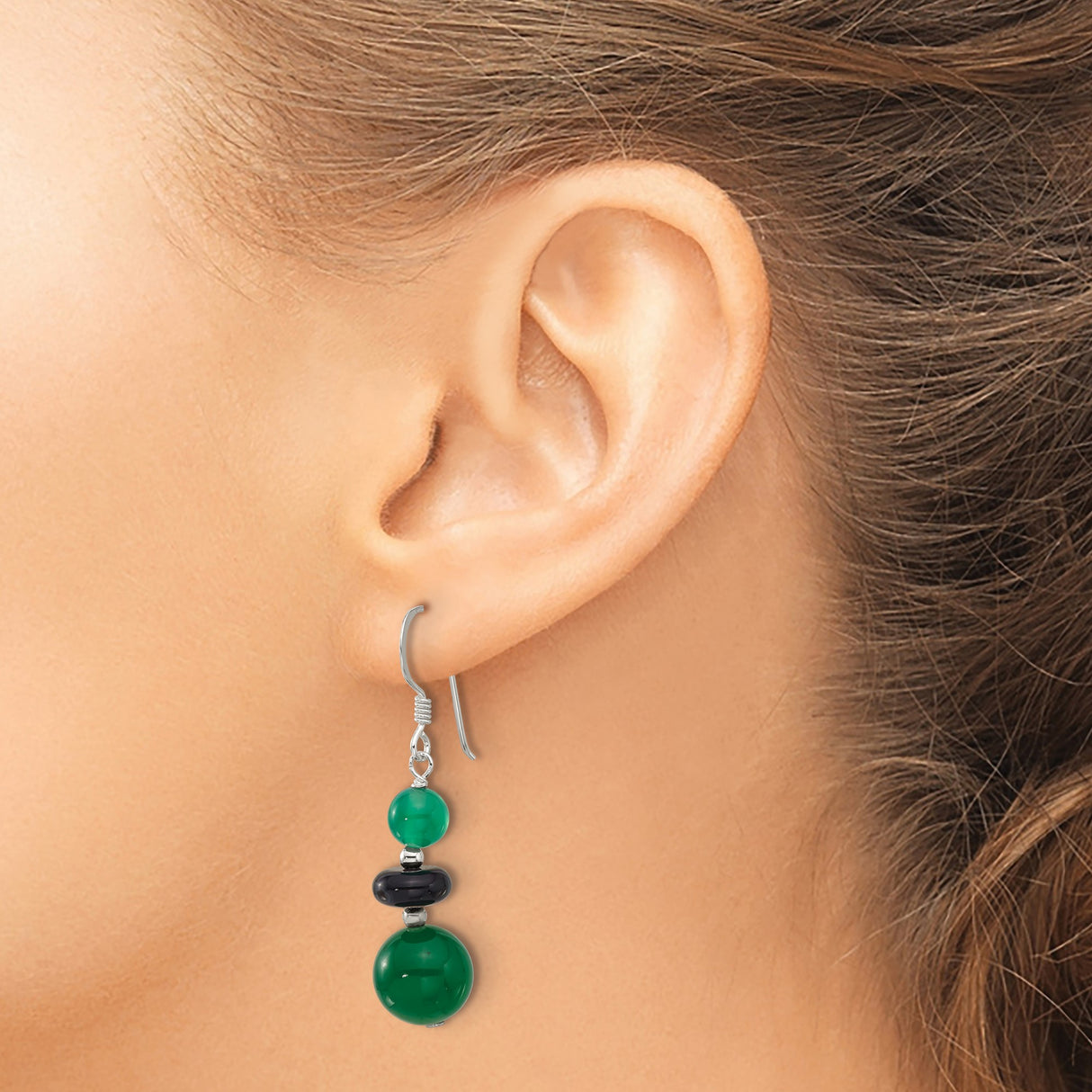 Sterling Silver Dangle Earrings with Green Quartz and Black Agate, Boho Tiered Design