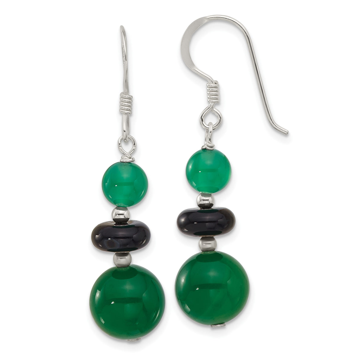 Sterling Silver Dangle Earrings with Green Quartz and Black Agate, Boho Tiered Design
