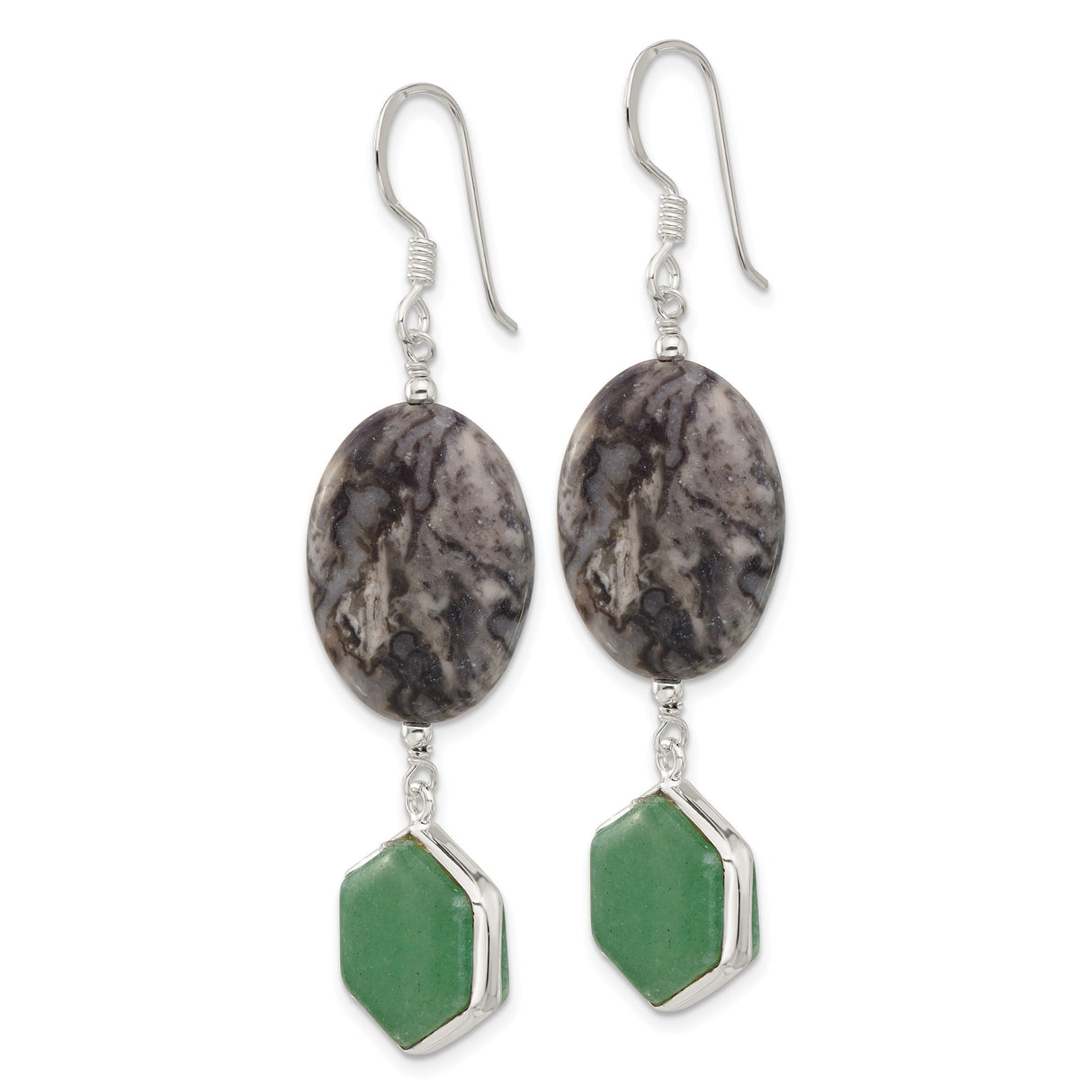 Sterling Silver Dangle Earrings with Jasper and Aventurine, Boho Earthy Style for Women