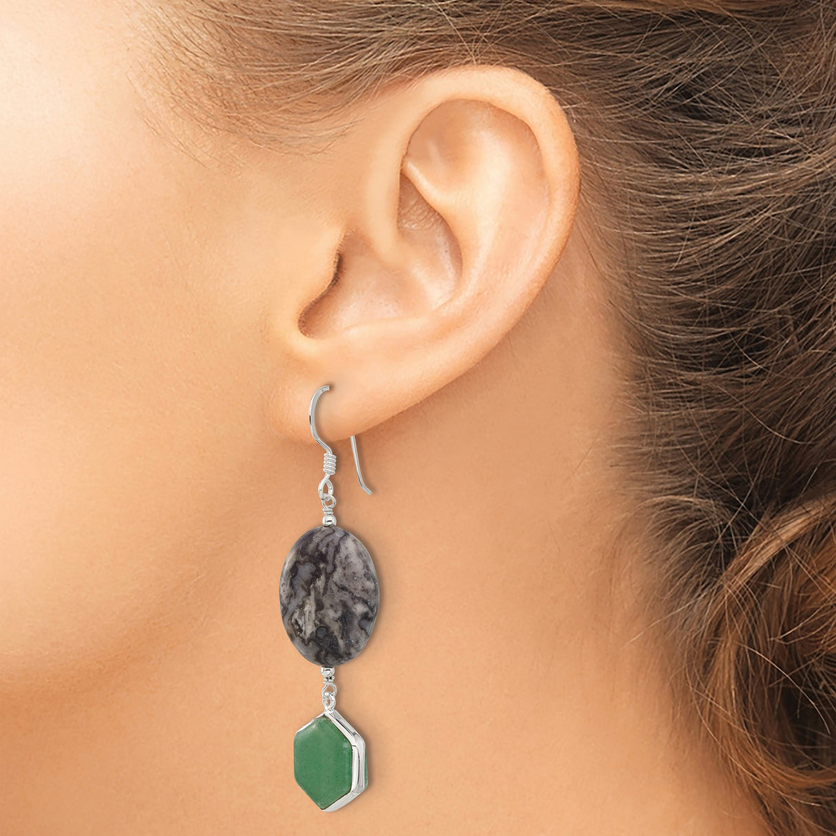 Sterling Silver Dangle Earrings with Jasper and Aventurine, Boho Earthy Style for Women