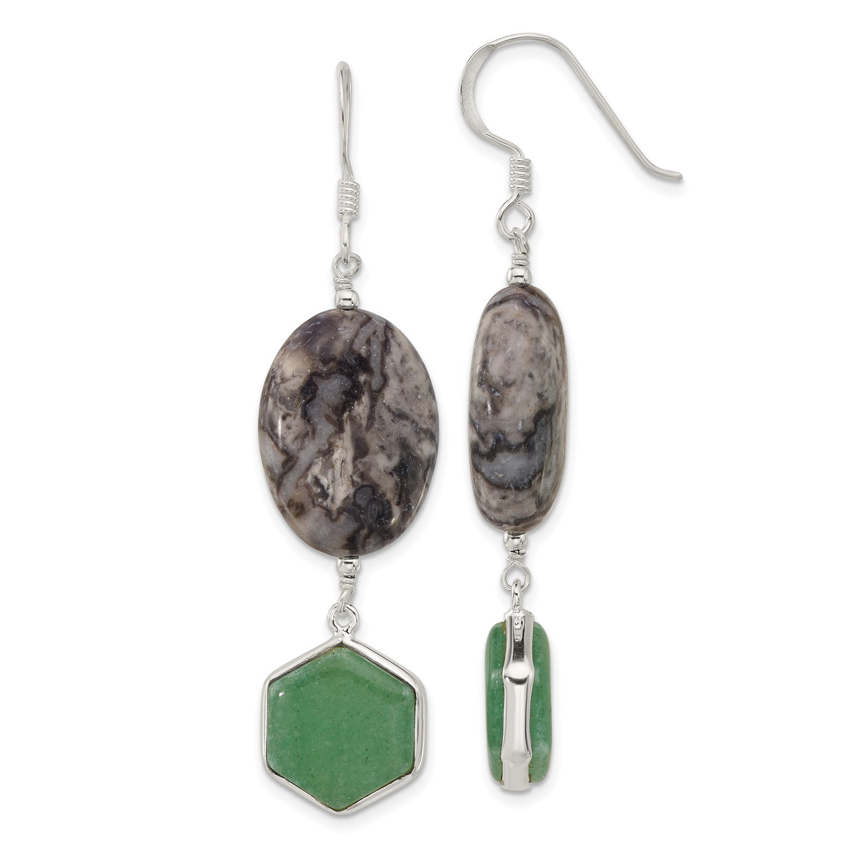 Sterling Silver Dangle Earrings with Jasper and Aventurine, Boho Earthy Style for Women