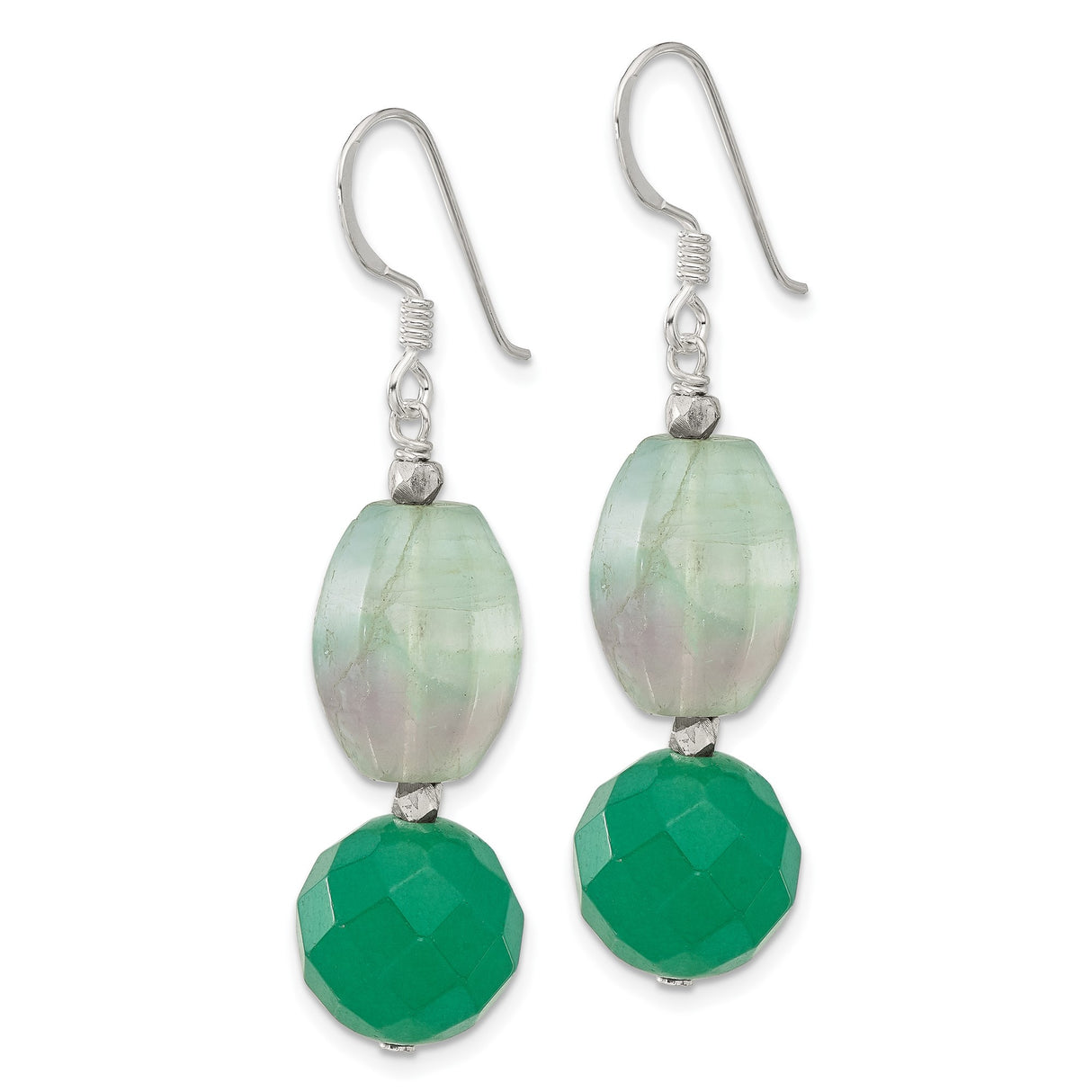 Sterling Silver Dangle Earrings with Green Aventurine and Fluorite Beads, Boho Handmade Style