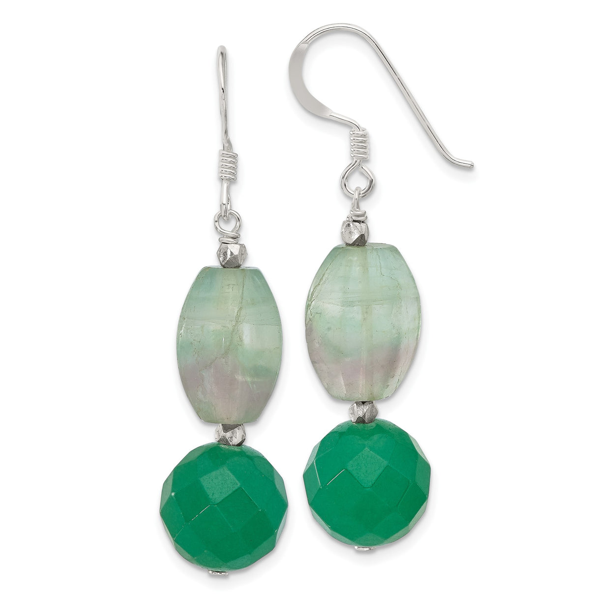 Sterling Silver Dangle Earrings with Green Aventurine and Fluorite Beads, Boho Handmade Style