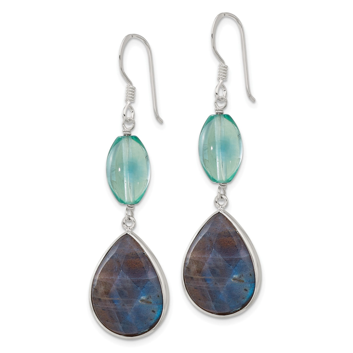 Sterling Silver Dangle Earrings with Fluorite and Labradorite Teardrop and Oval Beads