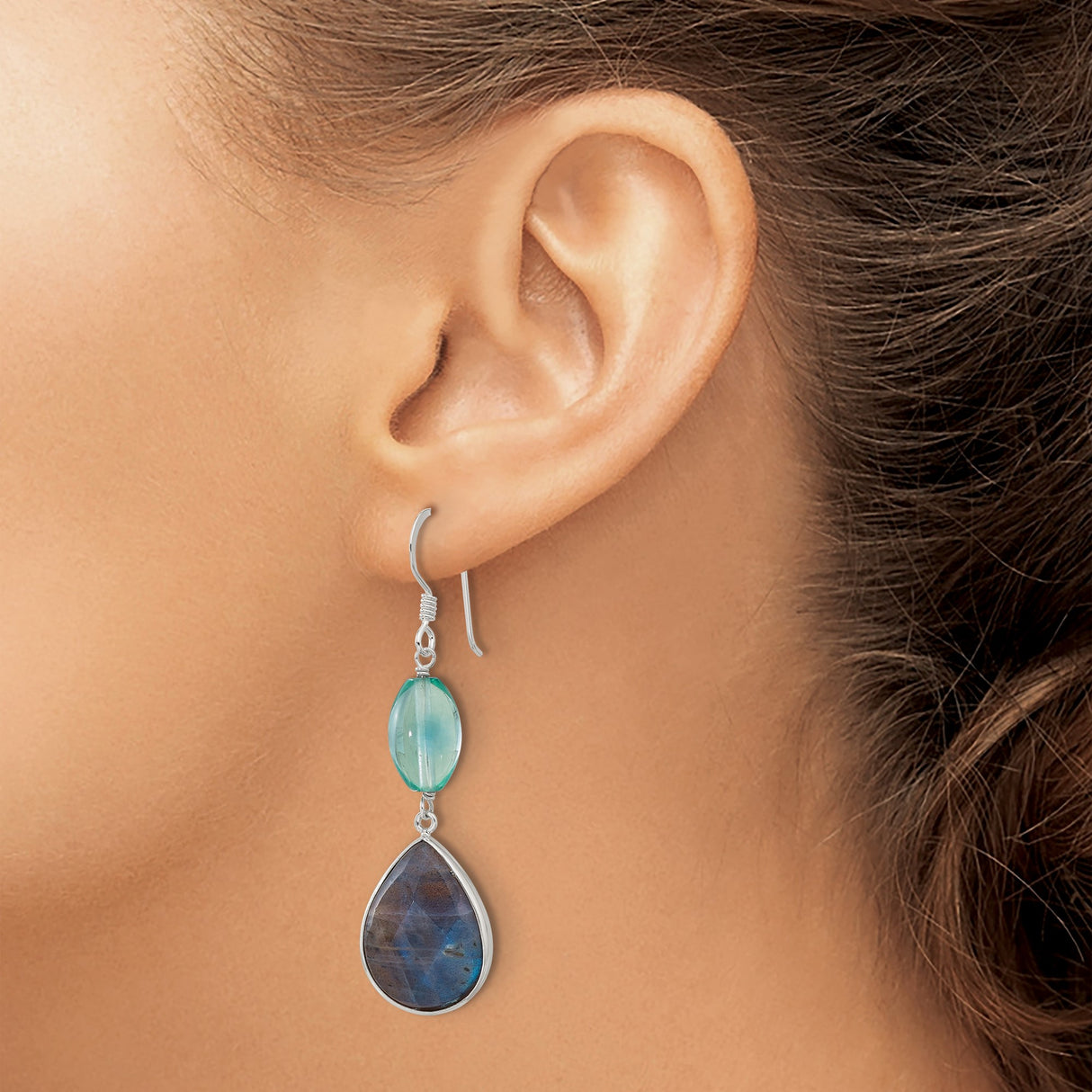 Sterling Silver Dangle Earrings with Fluorite and Labradorite Teardrop and Oval Beads