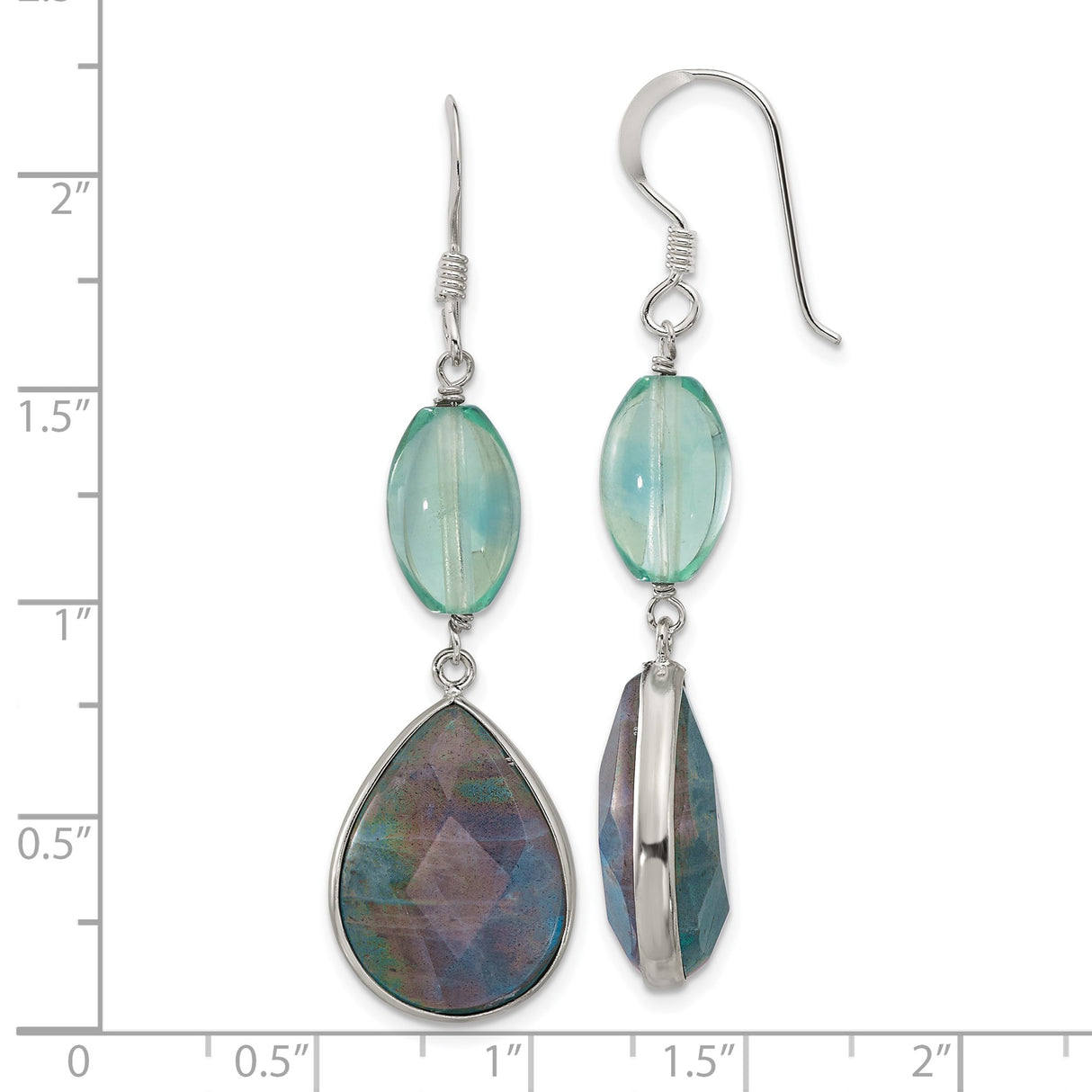 Sterling Silver Dangle Earrings with Fluorite and Labradorite Teardrop and Oval Beads