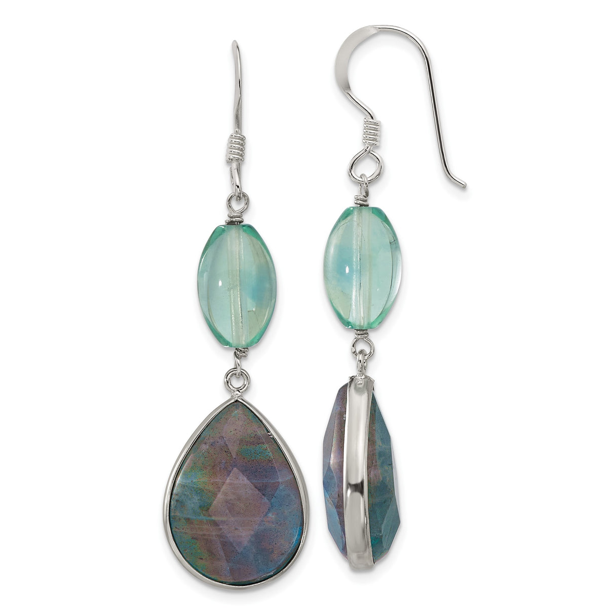Sterling Silver Dangle Earrings with Fluorite and Labradorite Teardrop and Oval Beads