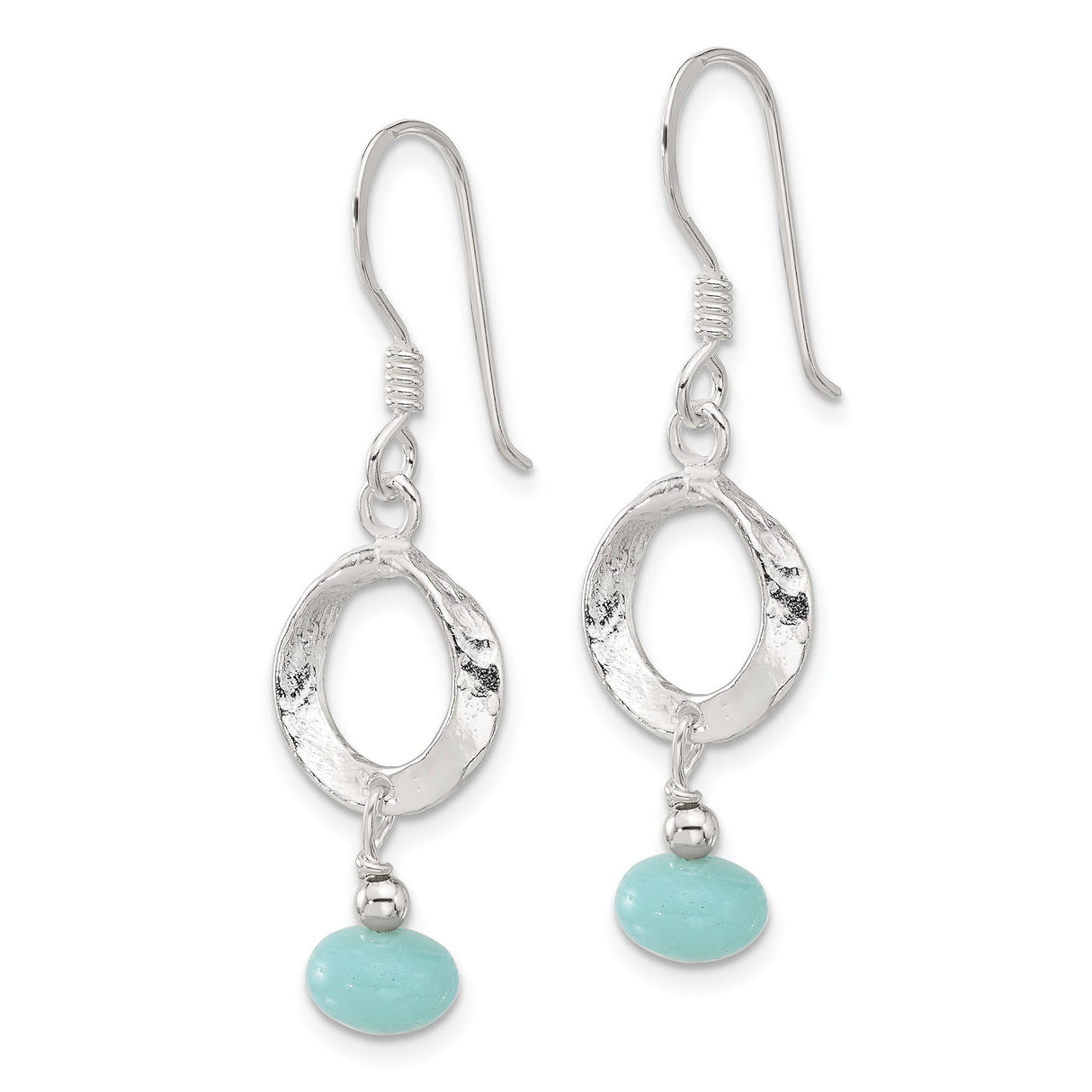 Sterling Silver Dangle Earrings with Amazonite Bead, Hammered Open Circle, Boho Chic Style