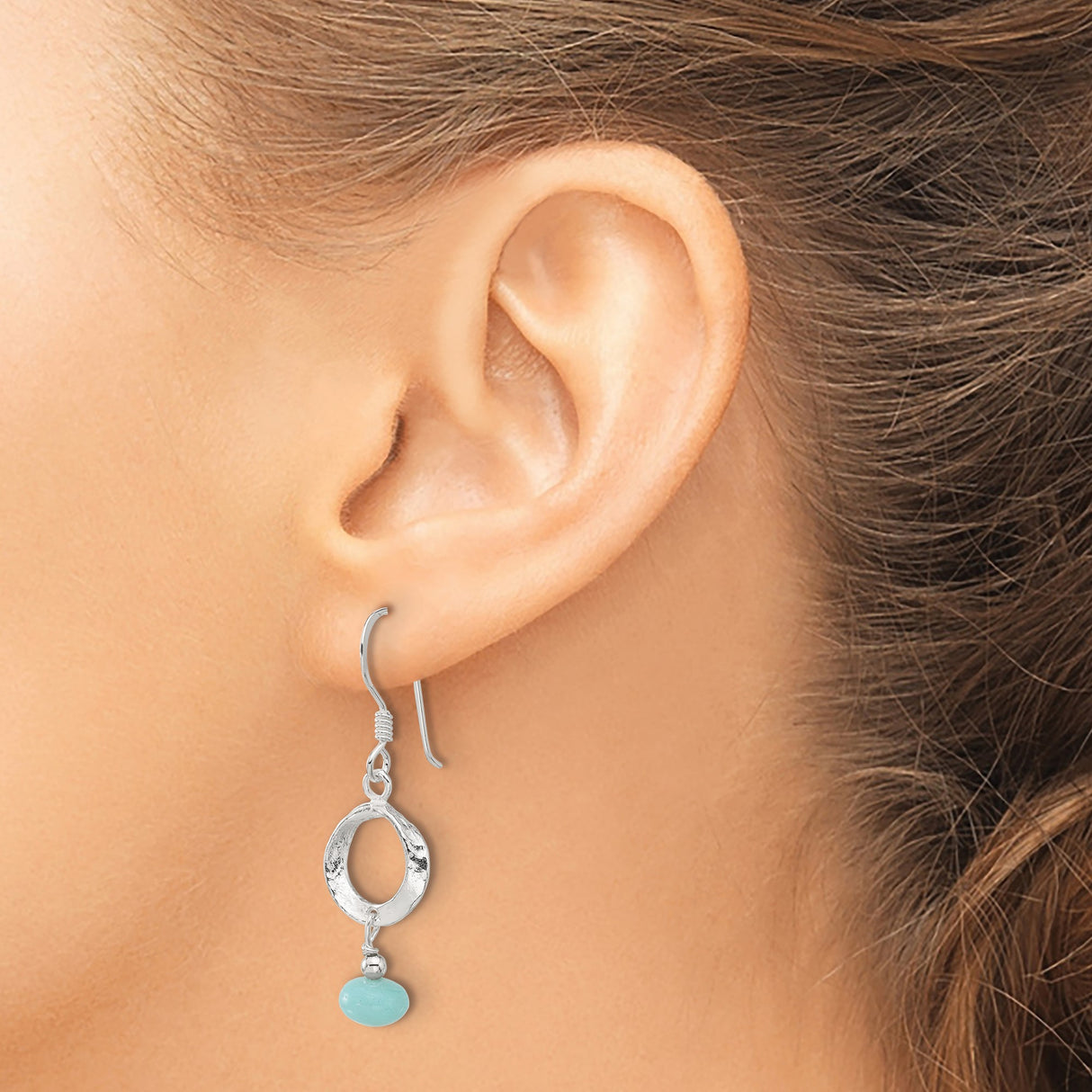 Sterling Silver Dangle Earrings with Amazonite Bead, Hammered Open Circle, Boho Chic Style