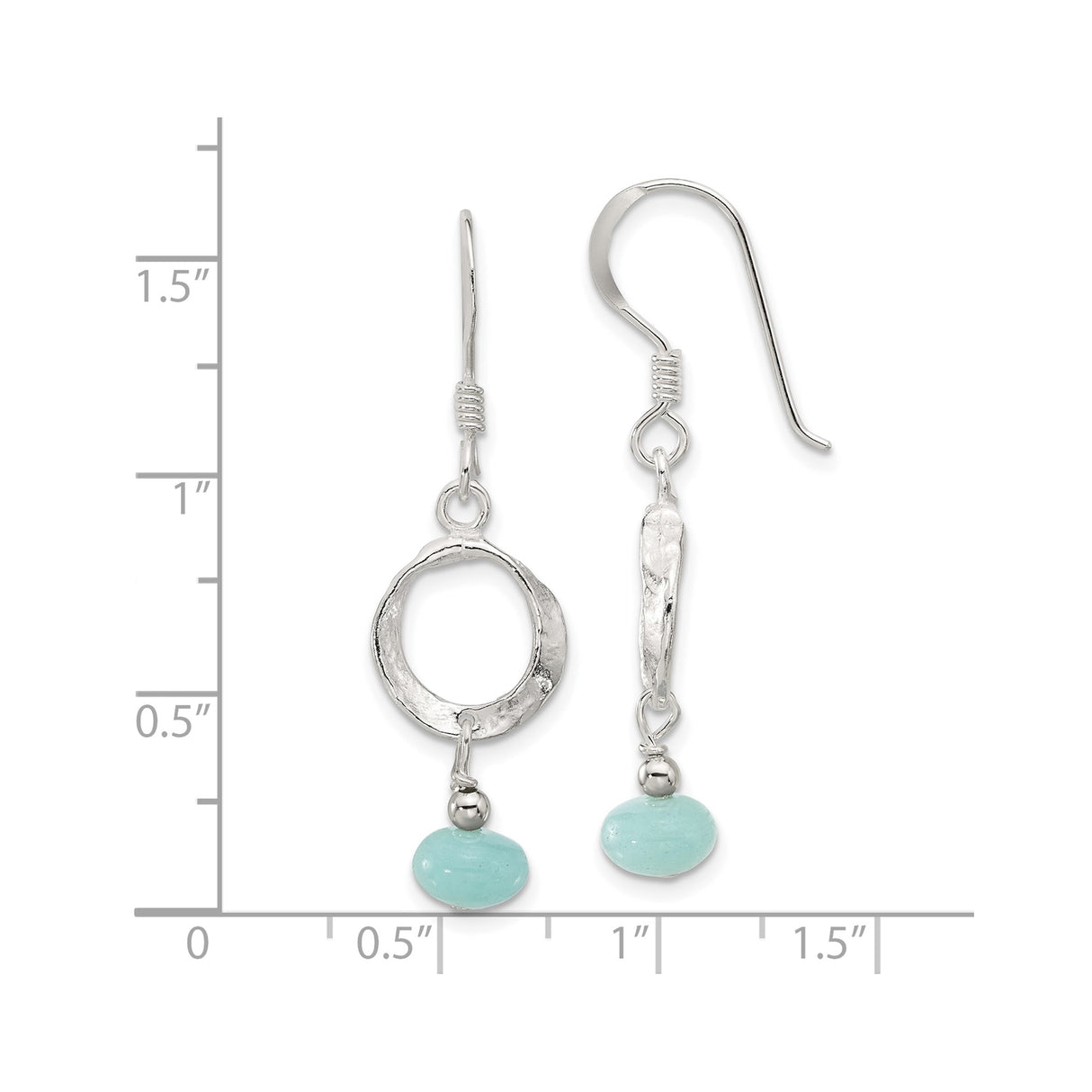 Sterling Silver Dangle Earrings with Amazonite Bead, Hammered Open Circle, Boho Chic Style