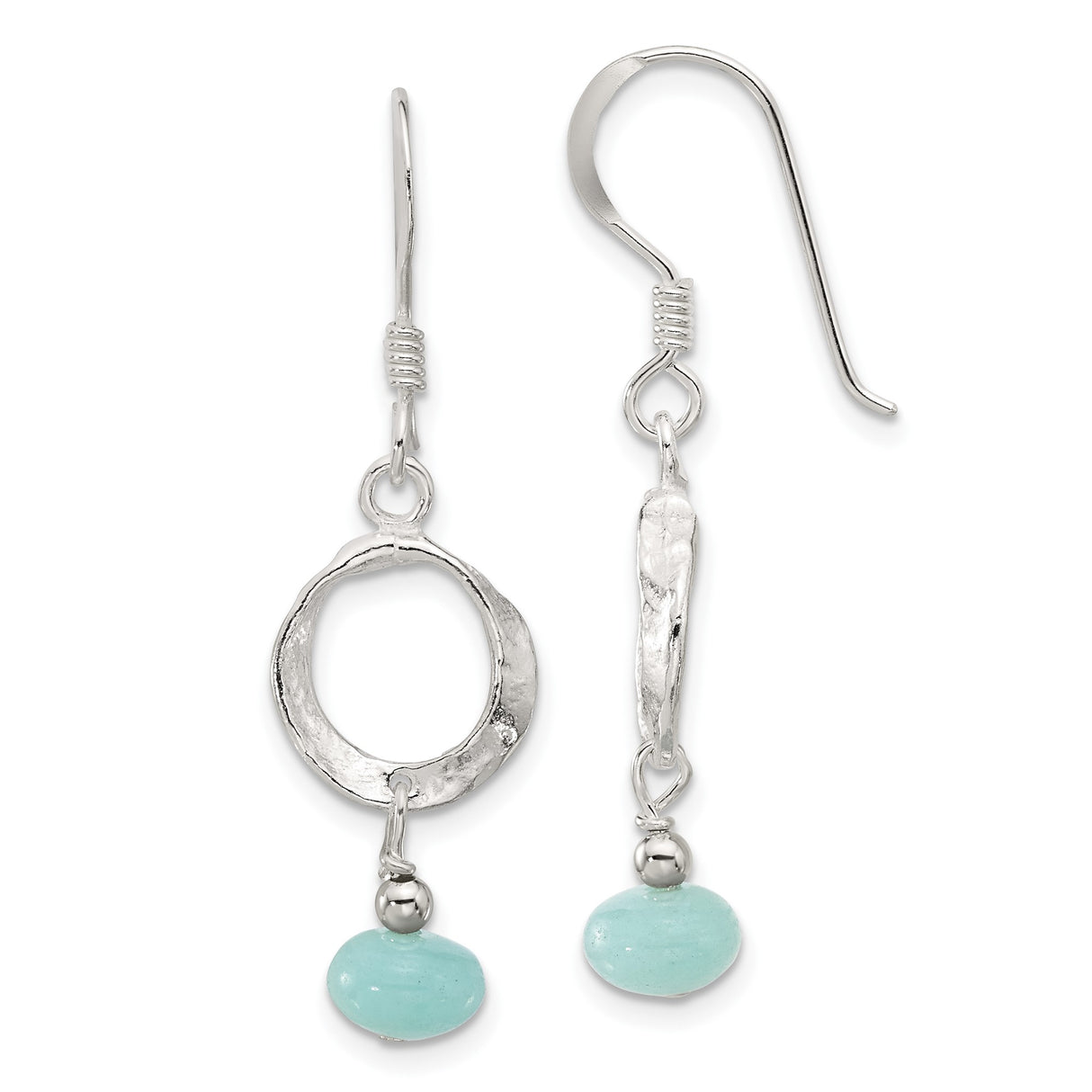 Sterling Silver Dangle Earrings with Amazonite Bead, Hammered Open Circle, Boho Chic Style