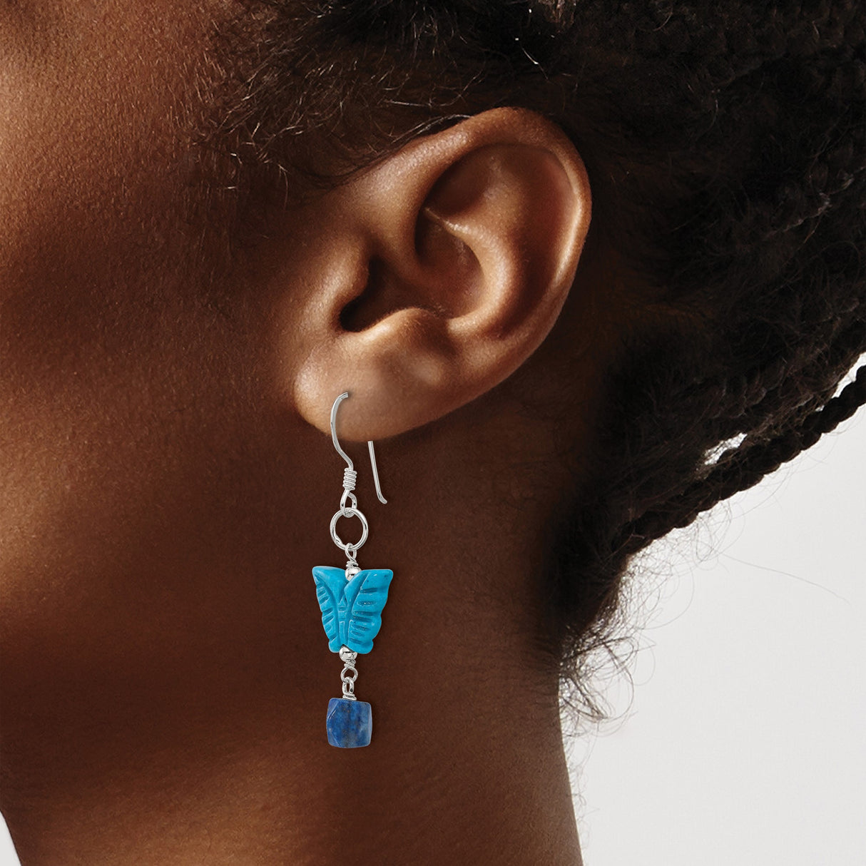 Sterling Silver Dangle Earrings with Howlite and Lapis, Butterfly Charm, Boho Asymmetrical Design