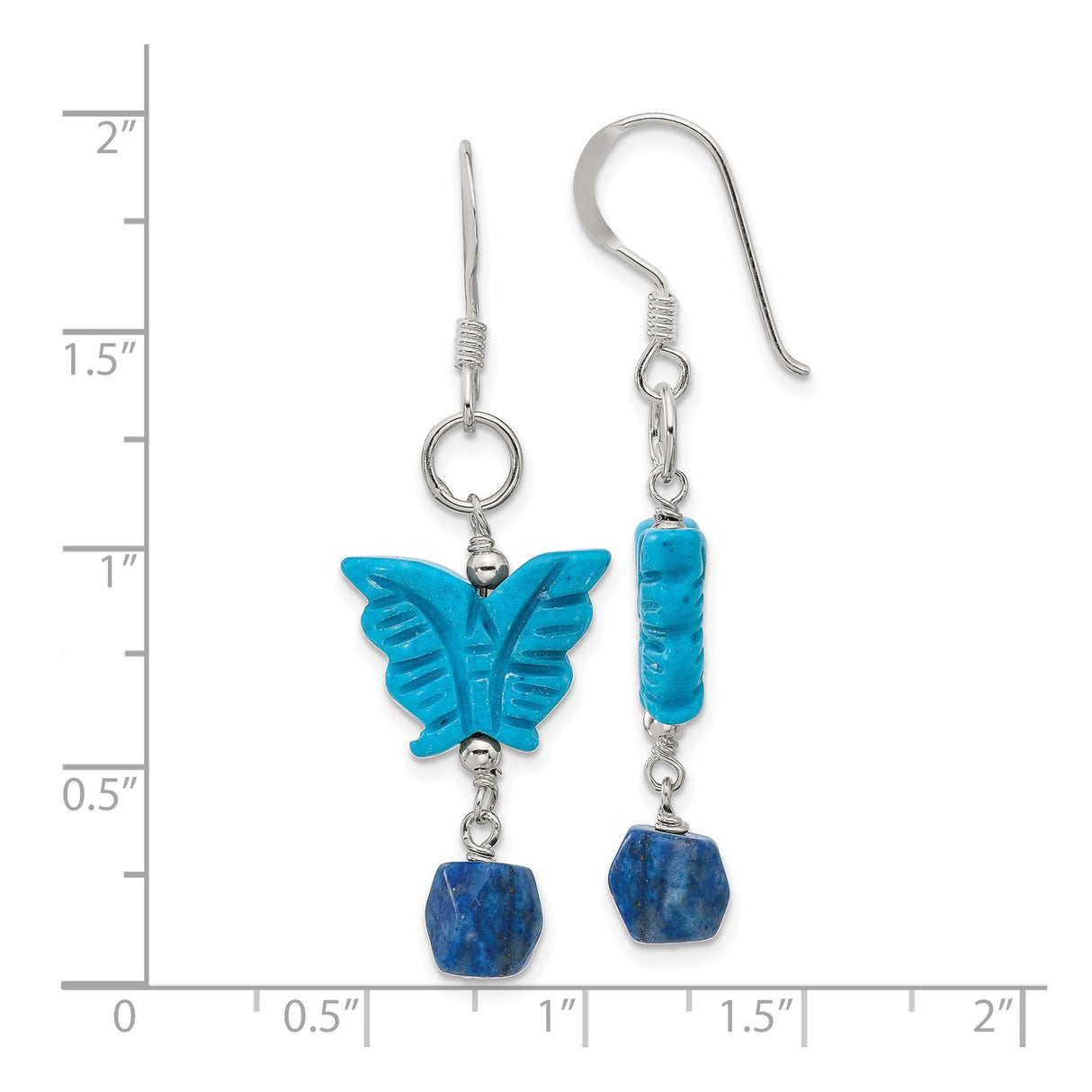 Sterling Silver Dangle Earrings with Howlite and Lapis, Butterfly Charm, Boho Asymmetrical Design