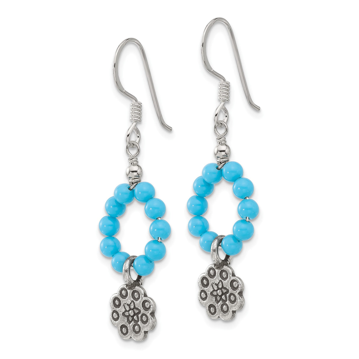 Sterling Silver Dangle Earrings with Howlite Beaded Circle and Floral Starburst Design
