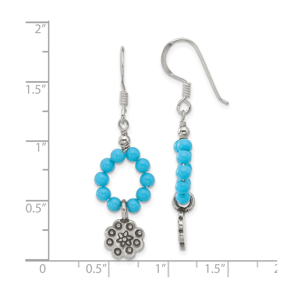 Sterling Silver Dangle Earrings with Howlite Beaded Circle and Floral Starburst Design