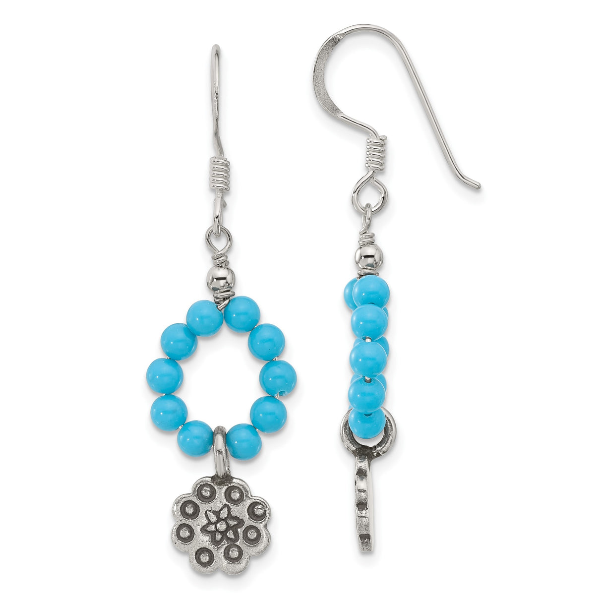 Sterling Silver Dangle Earrings with Howlite Beaded Circle and Floral Starburst Design