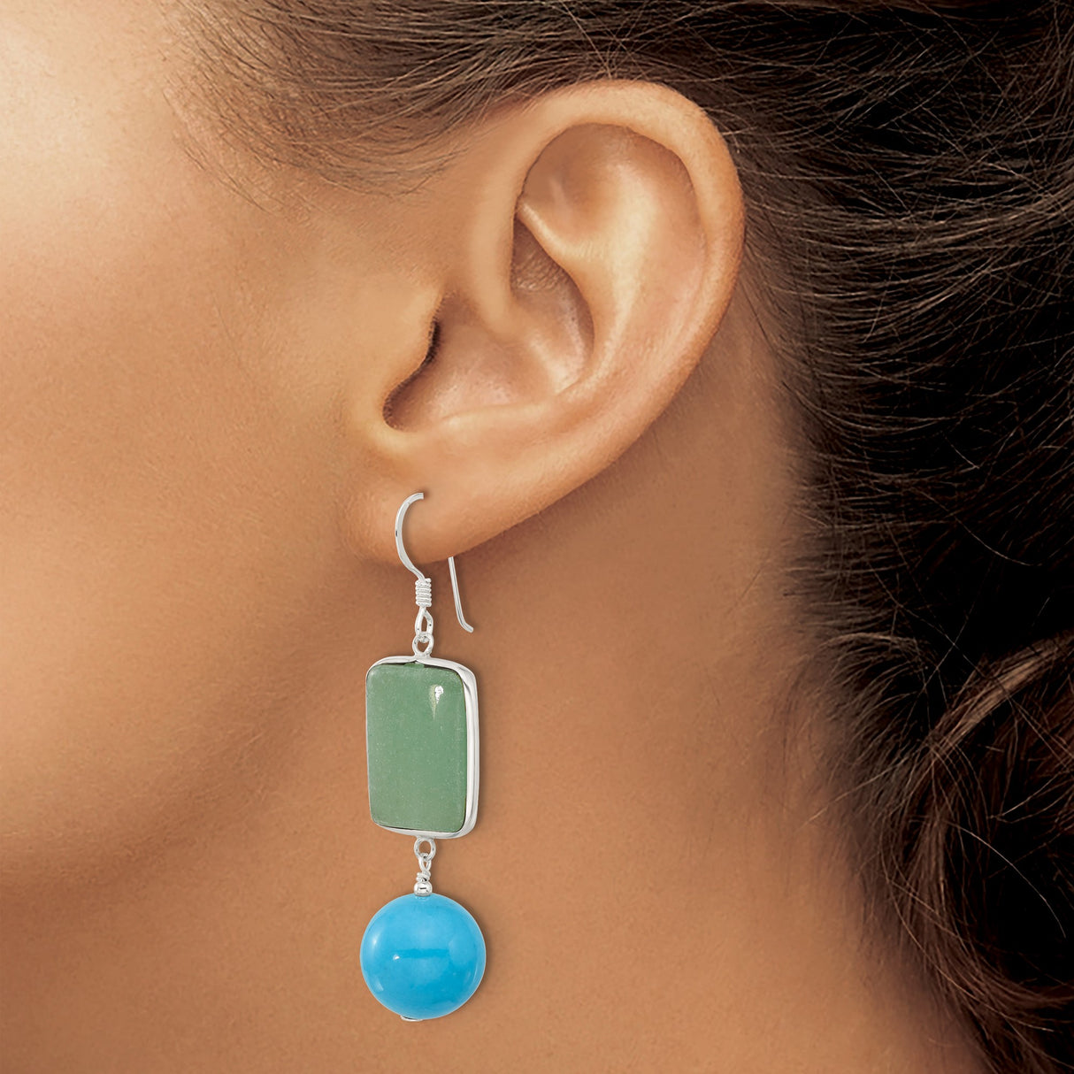Sterling Silver Dangle Earrings with Aventurine and Turquoise, Minimalist Boho Style
