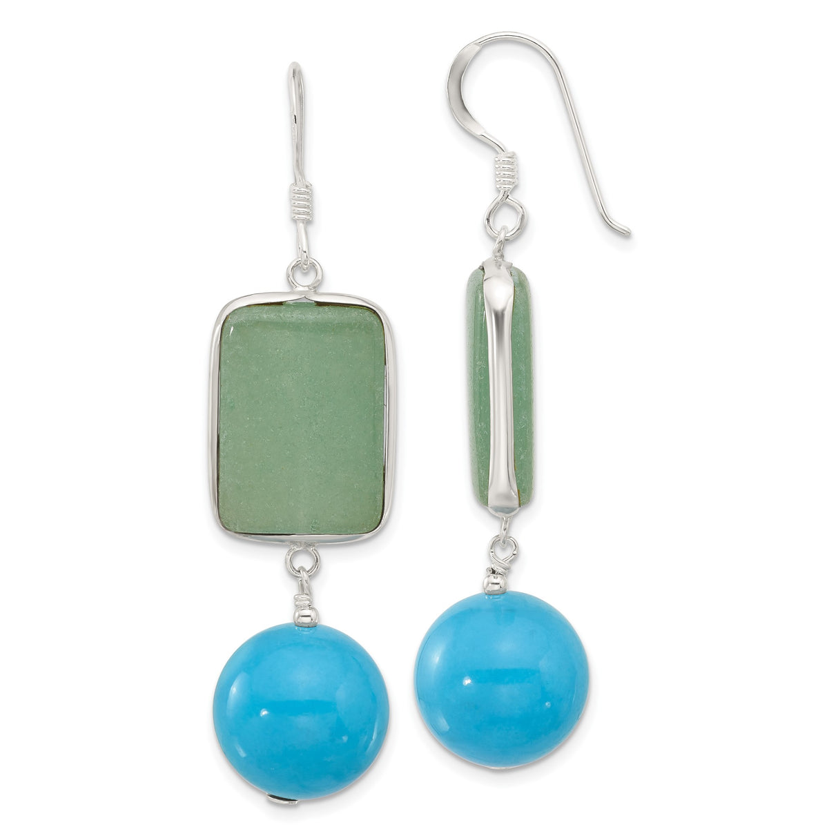 Sterling Silver Dangle Earrings with Aventurine and Turquoise, Minimalist Boho Style