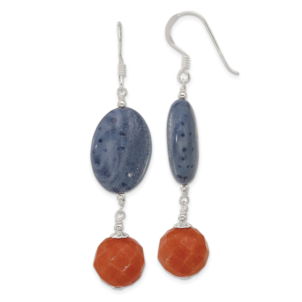 Sterling Silver Dangle Earrings with Coral and Aventurine, Boho Artistic Drop Style