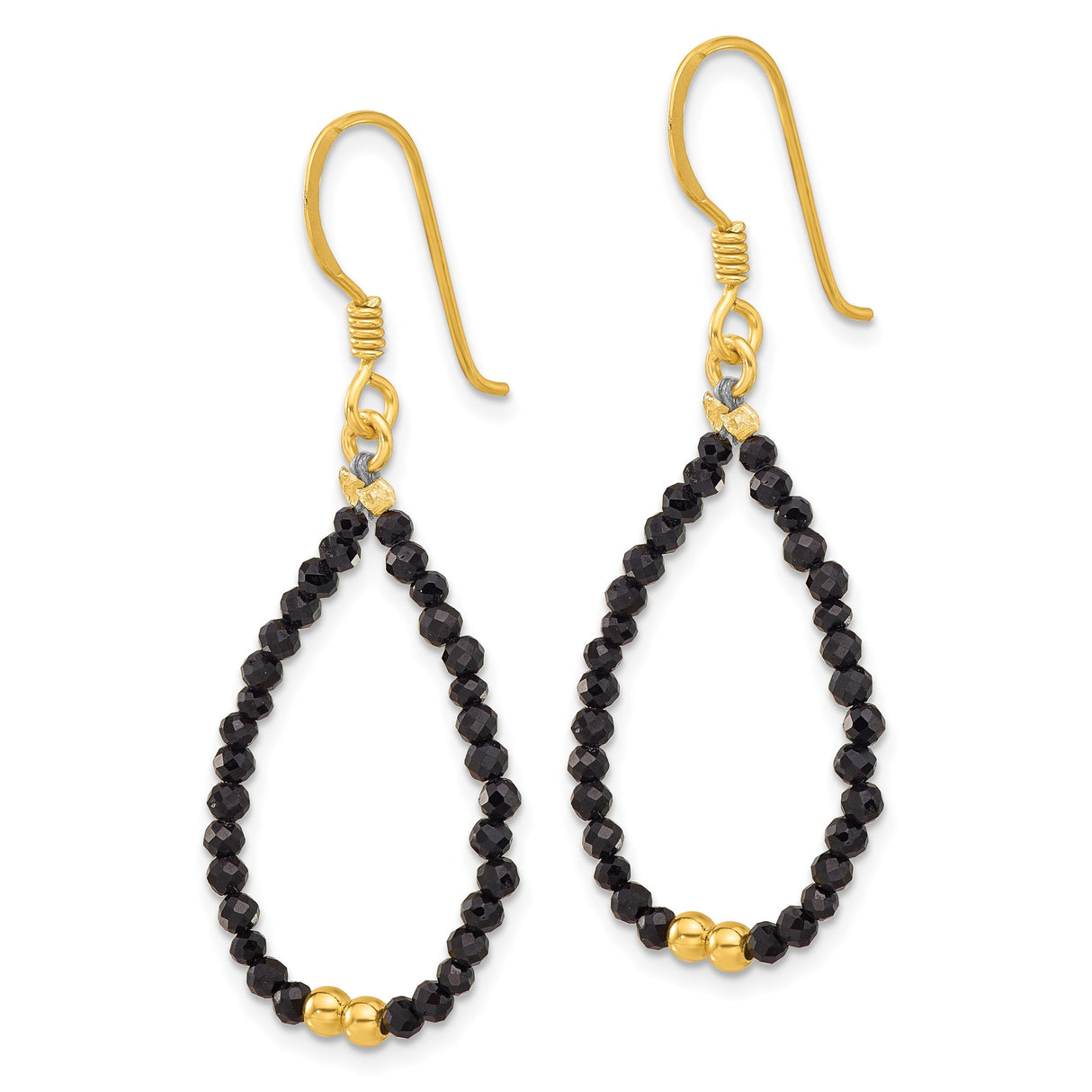 Sterling Silver Dangle Earrings with Black Spinel Teardrops and Gold Plated Accents