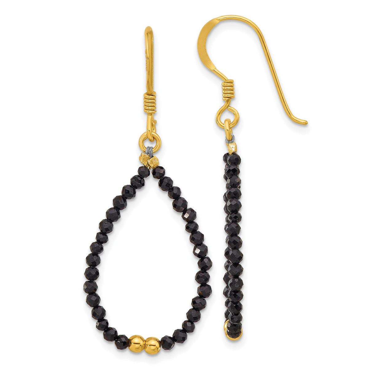Sterling Silver Dangle Earrings with Black Spinel Teardrops and Gold Plated Accents
