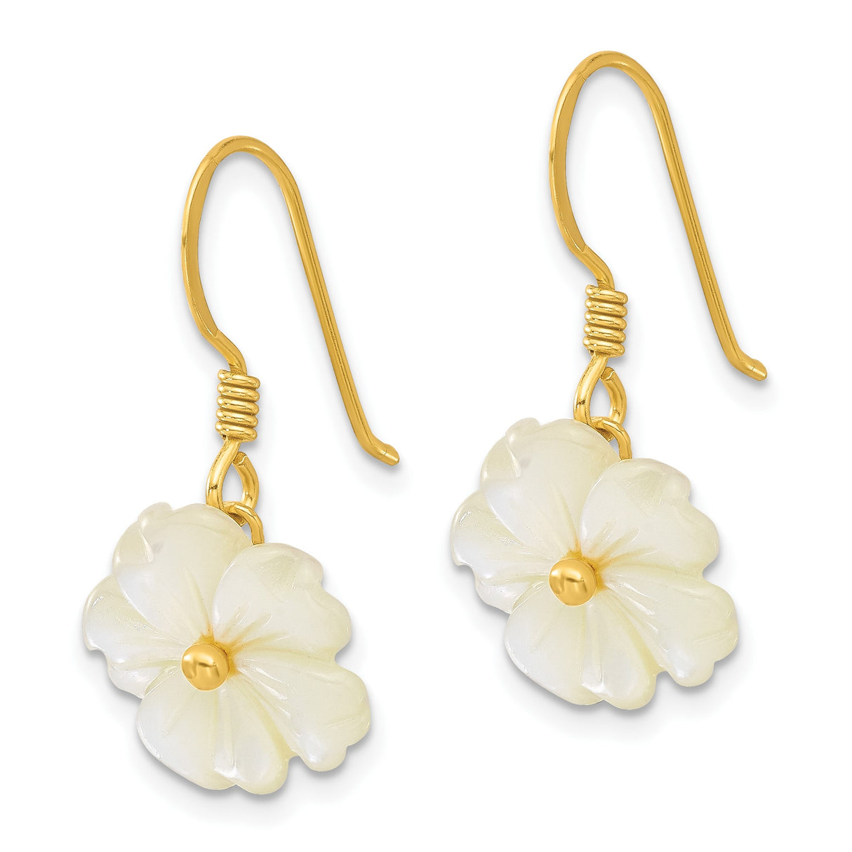 Sterling Silver Dangle Earrings with Carved Mother of Pearl Floral Charms, Nature Inspired Design