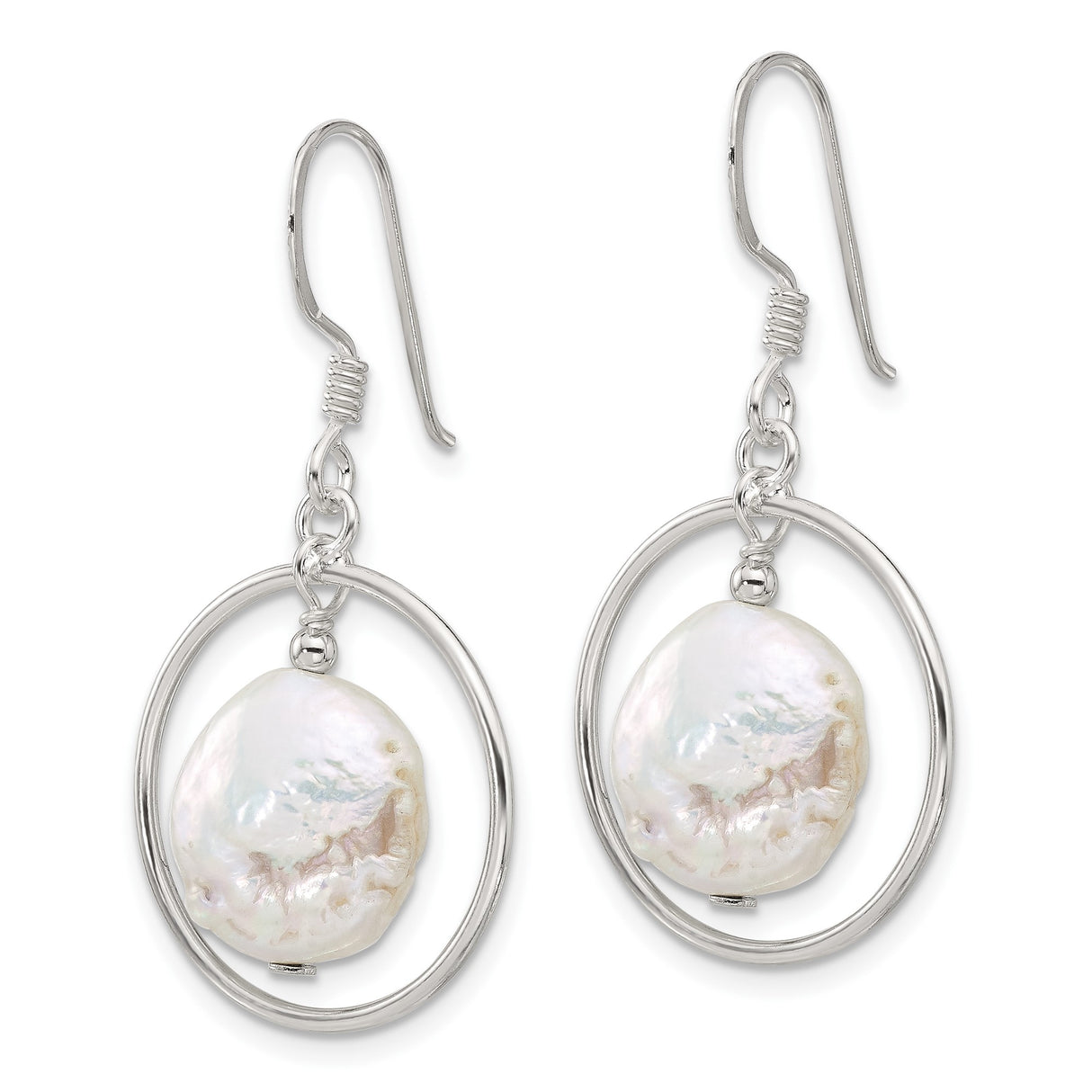 Sterling Silver Dangle Earrings with Natural Freshwater Coin Pearls, Open Hoop Design