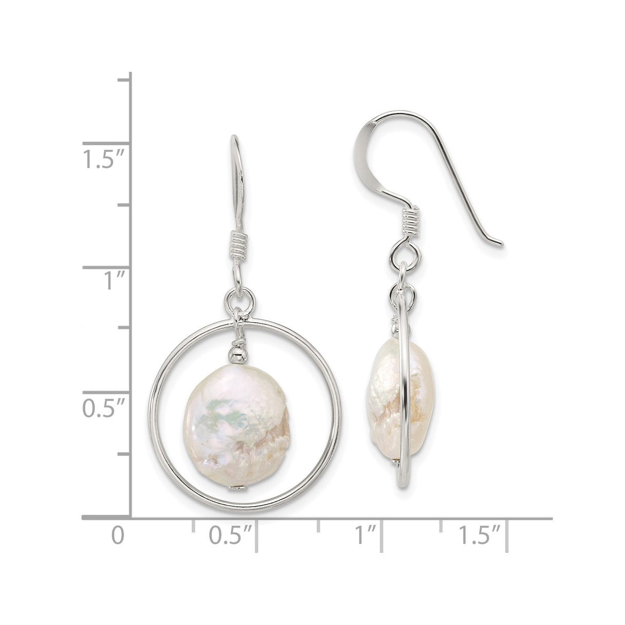 Sterling Silver Dangle Earrings with Natural Freshwater Coin Pearls, Open Hoop Design