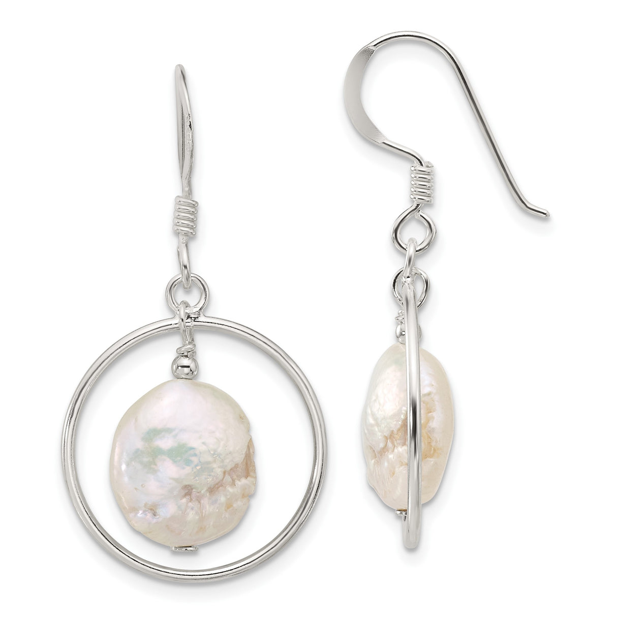 Sterling Silver Dangle Earrings with Natural Freshwater Coin Pearls, Open Hoop Design