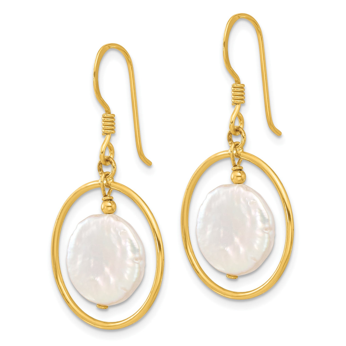 Sterling Silver Dangle Earrings with Freshwater Coin Pearls in Open Circle Hoops for Women
