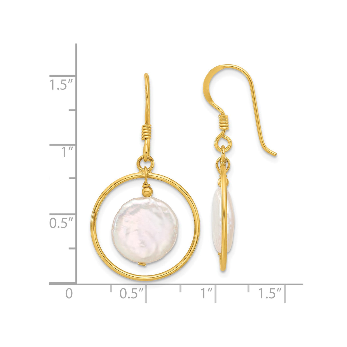 Sterling Silver Dangle Earrings with Freshwater Coin Pearls in Open Circle Hoops for Women
