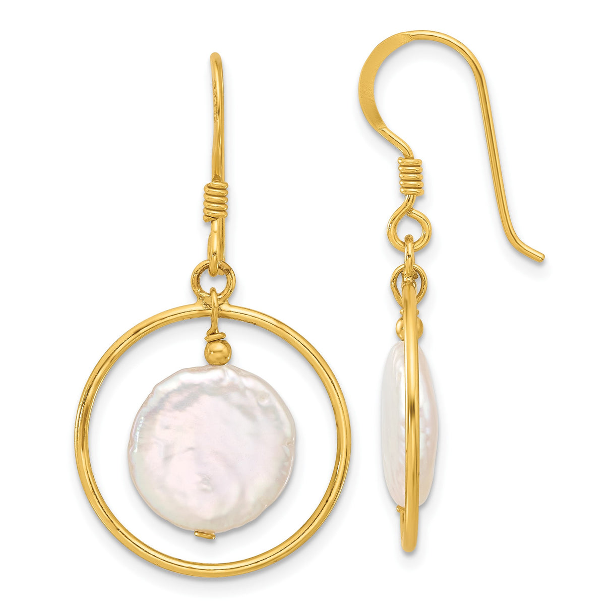 Sterling Silver Dangle Earrings with Freshwater Coin Pearls in Open Circle Hoops for Women