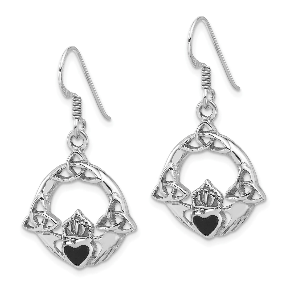 Sterling Silver Claddagh Dangle Earrings with Onyx and Celtic Trinity Knot Design