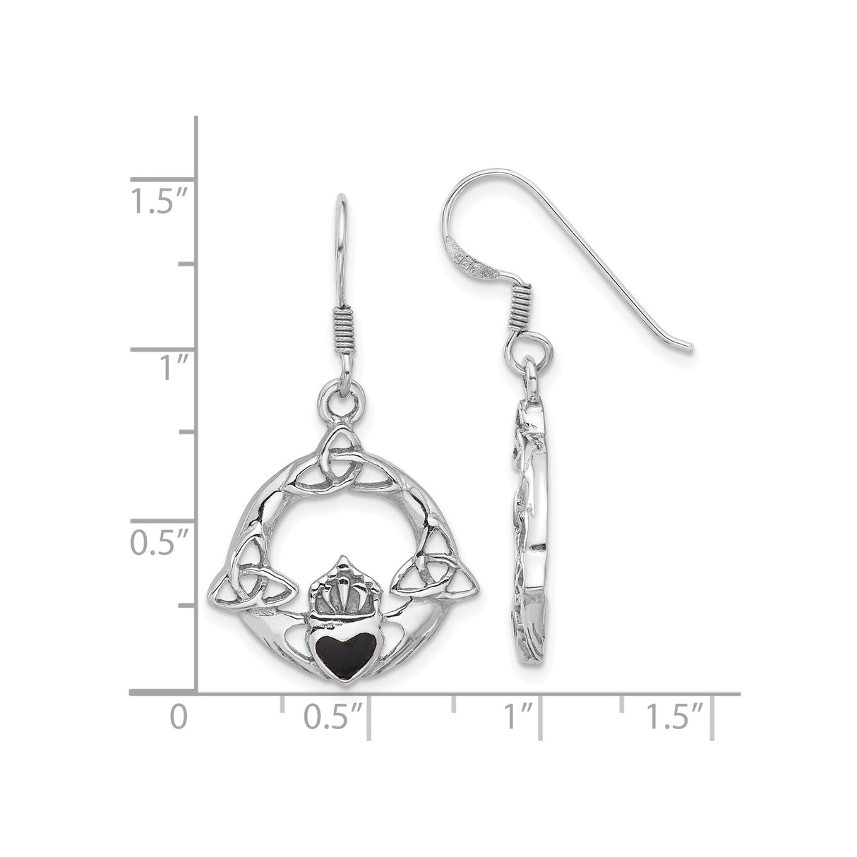 Sterling Silver Claddagh Dangle Earrings with Onyx and Celtic Trinity Knot Design