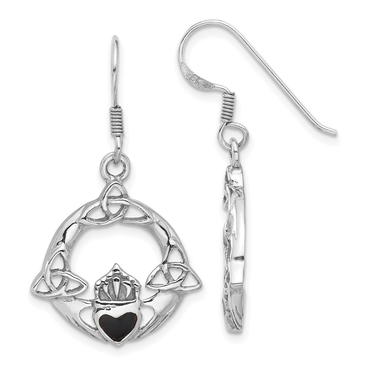 Sterling Silver Claddagh Dangle Earrings with Onyx and Celtic Trinity Knot Design