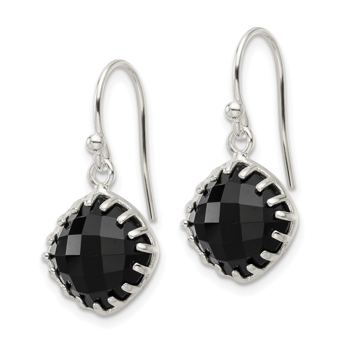 Sterling Silver Dangle Earrings with Round Black Onyx, Faceted Drop Design for Women