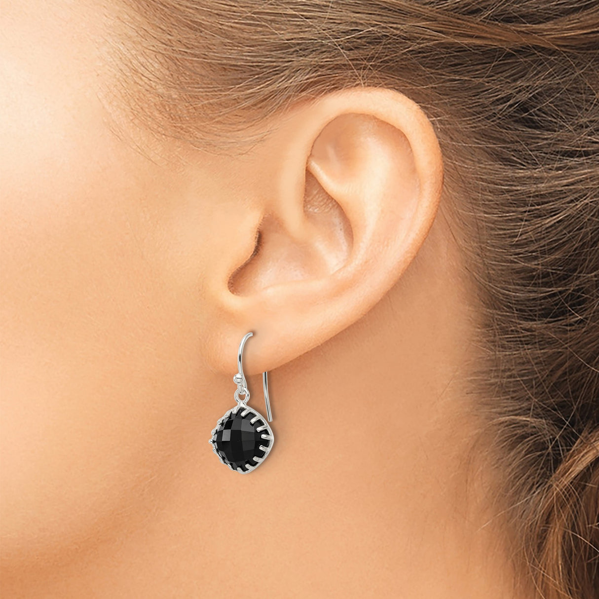 Sterling Silver Dangle Earrings with Round Black Onyx, Faceted Drop Design for Women