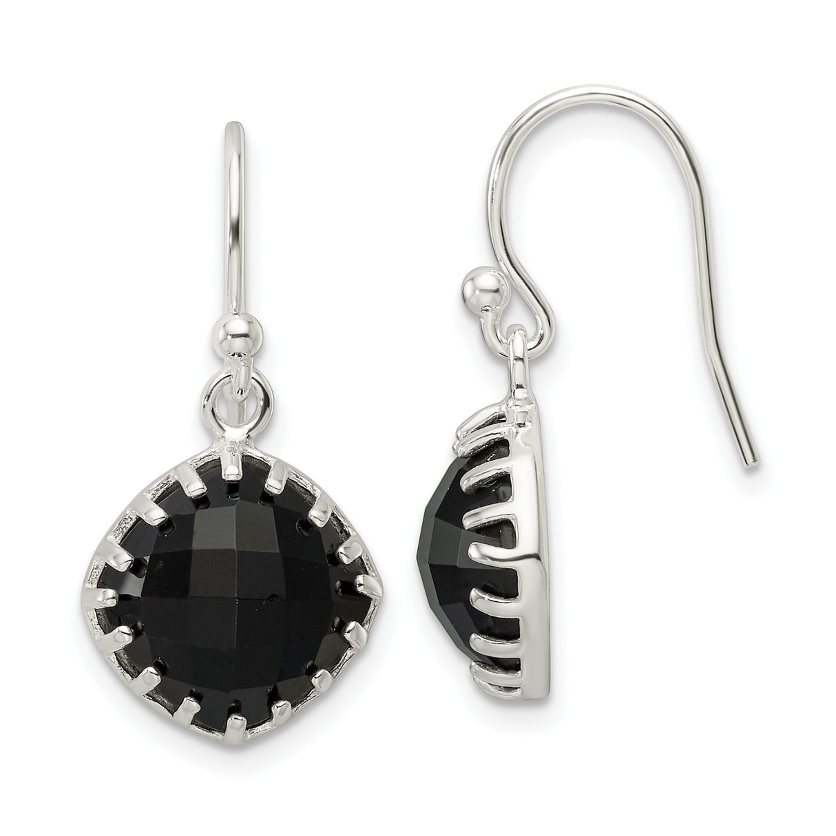 Sterling Silver Dangle Earrings with Round Black Onyx, Faceted Drop Design for Women