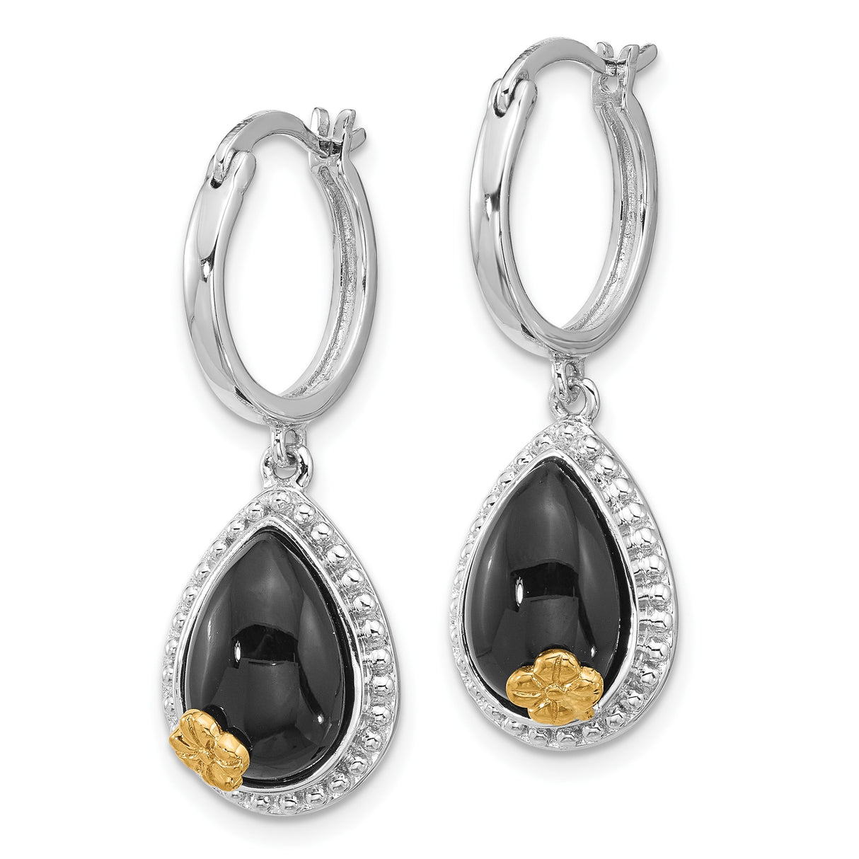 Sterling Silver Teardrop Dangle Earrings with Black Onyx, 14k Gold Floral Accents