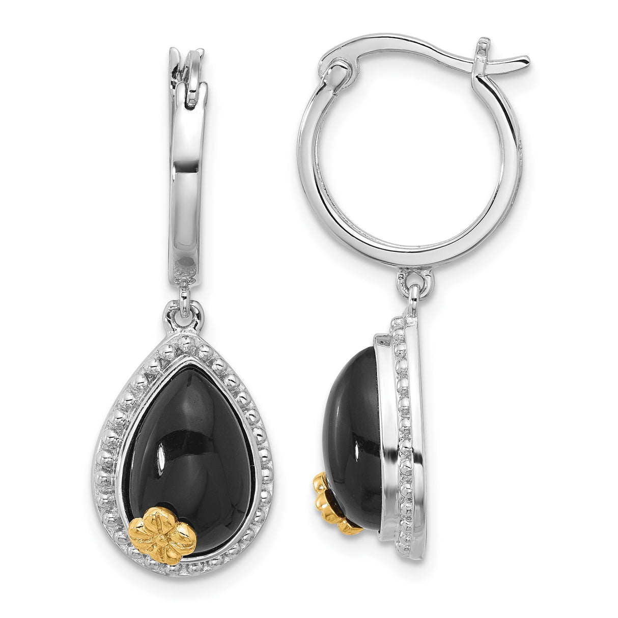 Sterling Silver Teardrop Dangle Earrings with Black Onyx, 14k Gold Floral Accents