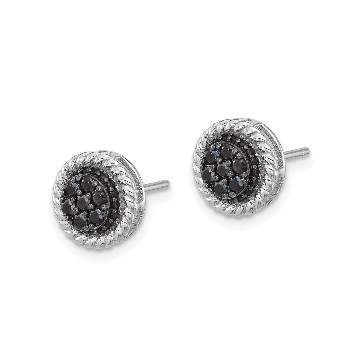 Sterling Silver Stud Earrings with Black Spinel Cluster and Rope Border