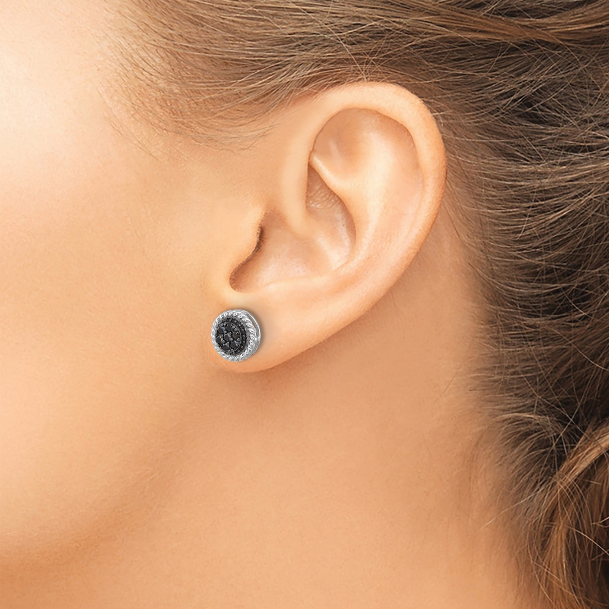 Sterling Silver Stud Earrings with Black Spinel Cluster and Rope Border