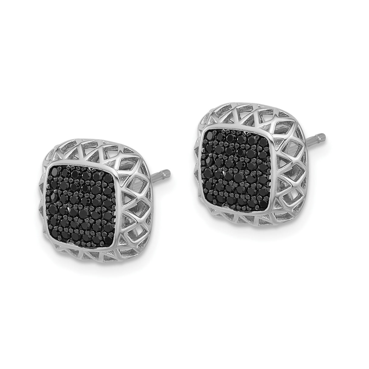 Sterling Silver Stud Earrings with Black Spinel, Cushion Cut, Lattice Border, Square Design