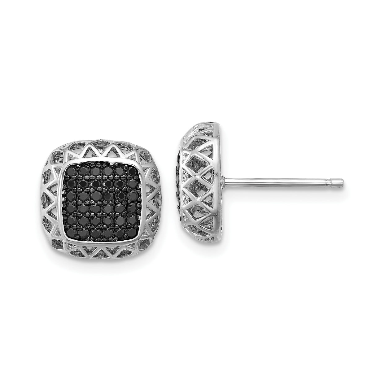 Sterling Silver Stud Earrings with Black Spinel, Cushion Cut, Lattice Border, Square Design