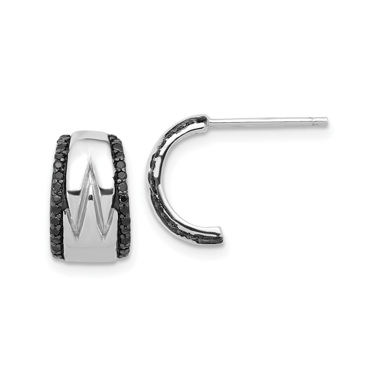 Sterling Silver Mens Hoop Earrings with Black Spinel, Arrow and Zigzag Design