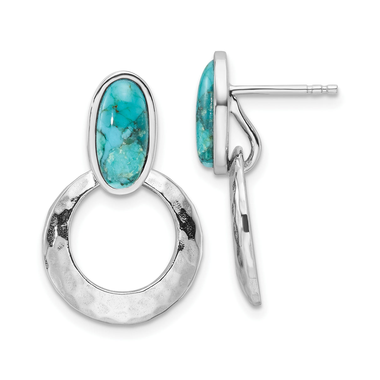 Sterling Silver Dangle Earrings with Reconstructed Turquoise and Hammered Open Circle Design
