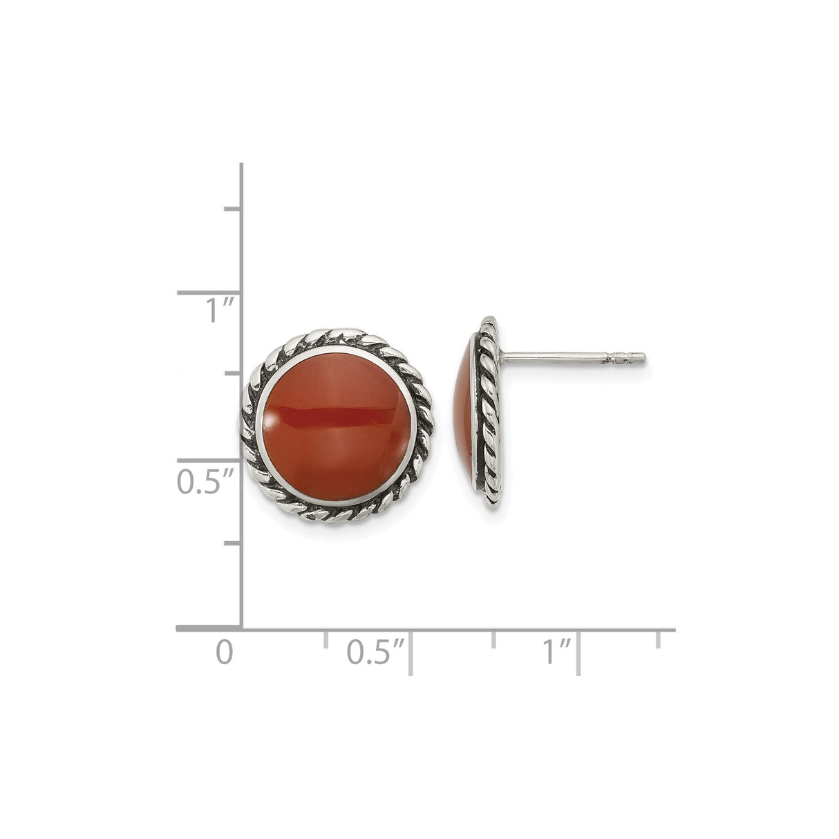 Sterling Silver Stud Earrings with Round Carnelian, Twisted Rope Border, Vintage Southwestern Style