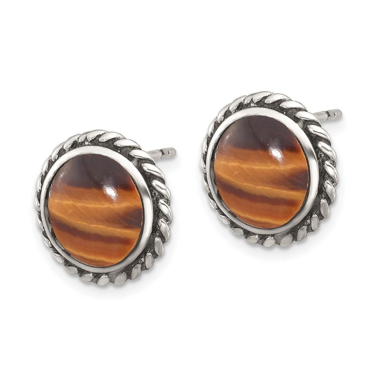 Sterling Silver Stud Earrings with Tiger Eye, Twisted Rope Edge, Boho Vintage Style