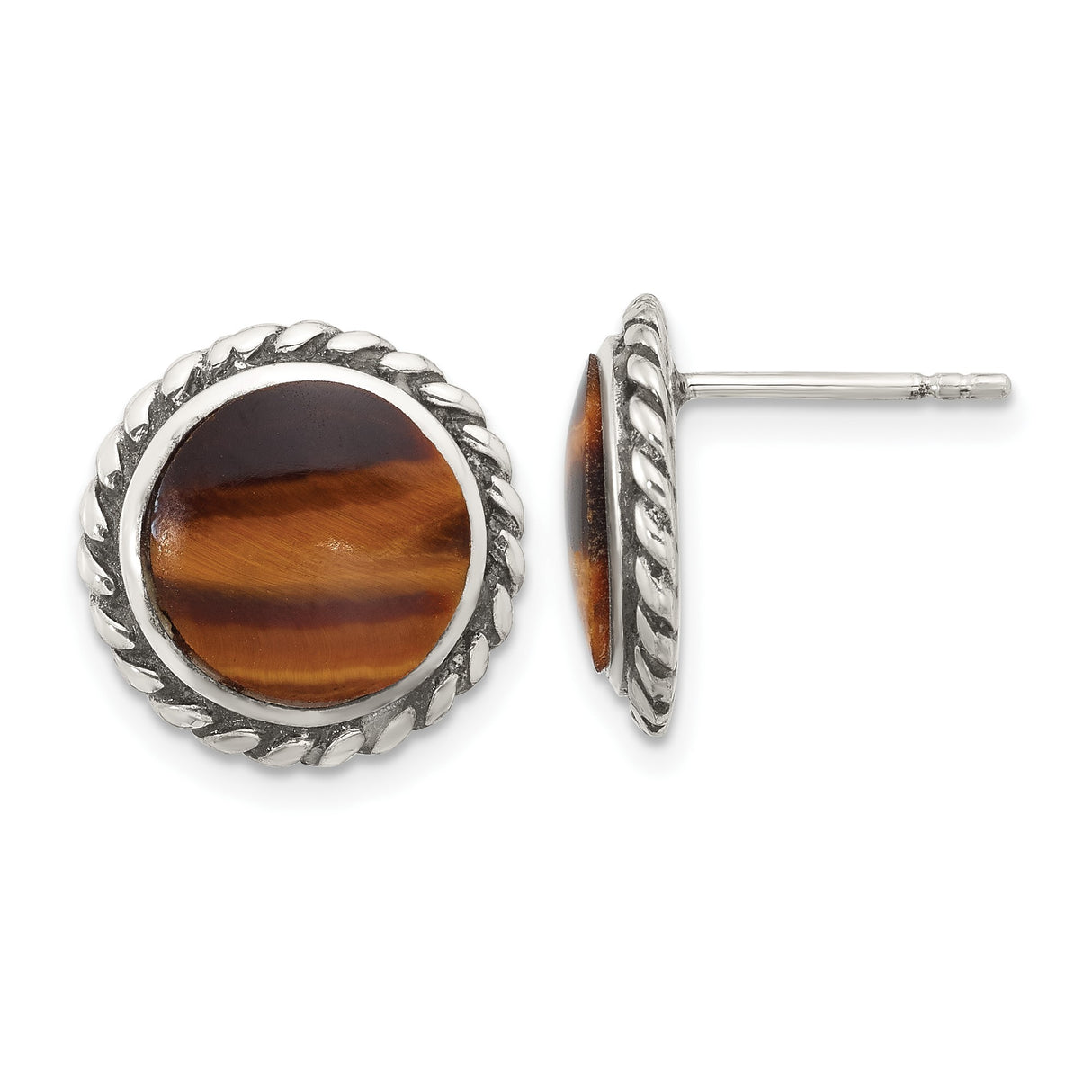 Sterling Silver Stud Earrings with Tiger Eye, Twisted Rope Edge, Boho Vintage Style